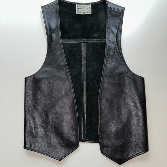 Leather Forever Unisex Small Black Leather Vest Riding Motorcycle Open Front VTG - Picture 4 of 4